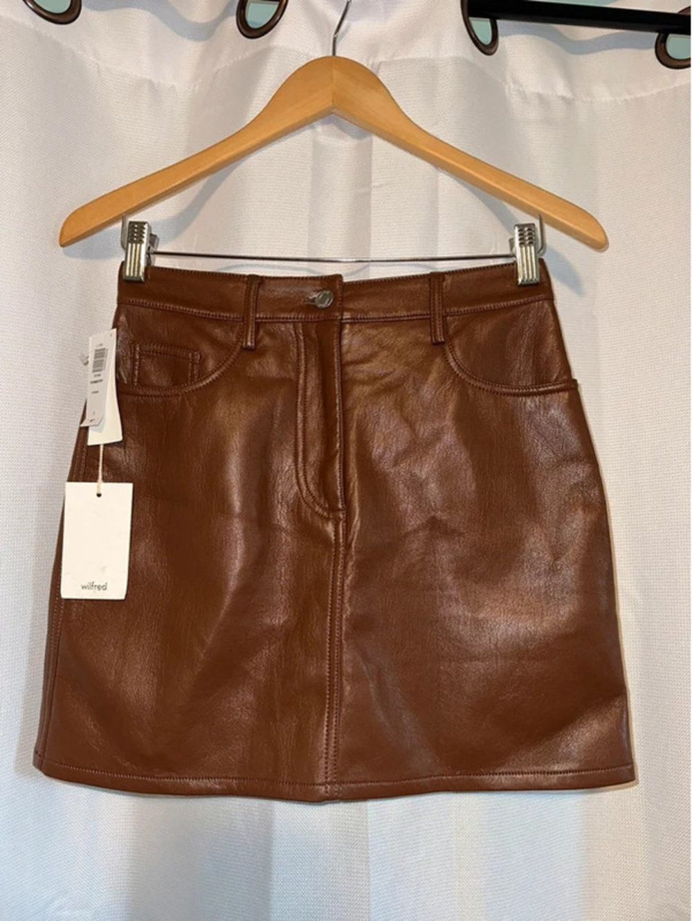 Wilfred Aritzia Cognac Coquette Vegan Leather 2 Skirt NWT